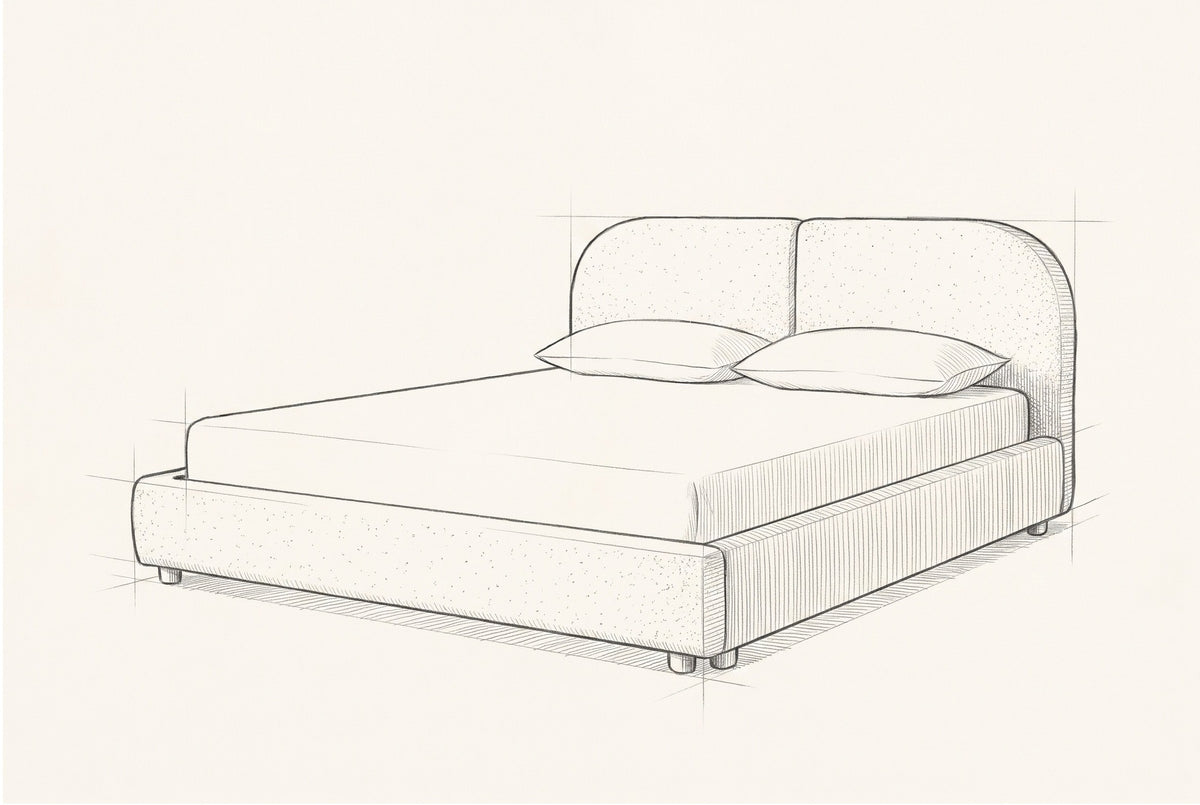 Pencil sketch of the Pietrabbondante bed with a mattress and two pillows, drawn from the same three-quarter view