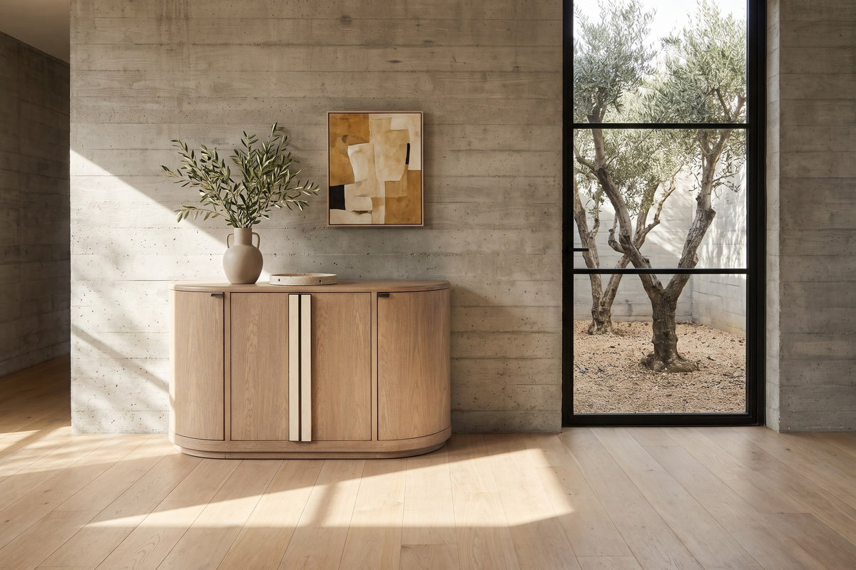 Pietrafitta 54-Inch 4-Door Rounded Oak Veneer Server with Stone Pulls in a sunlit villa dining room