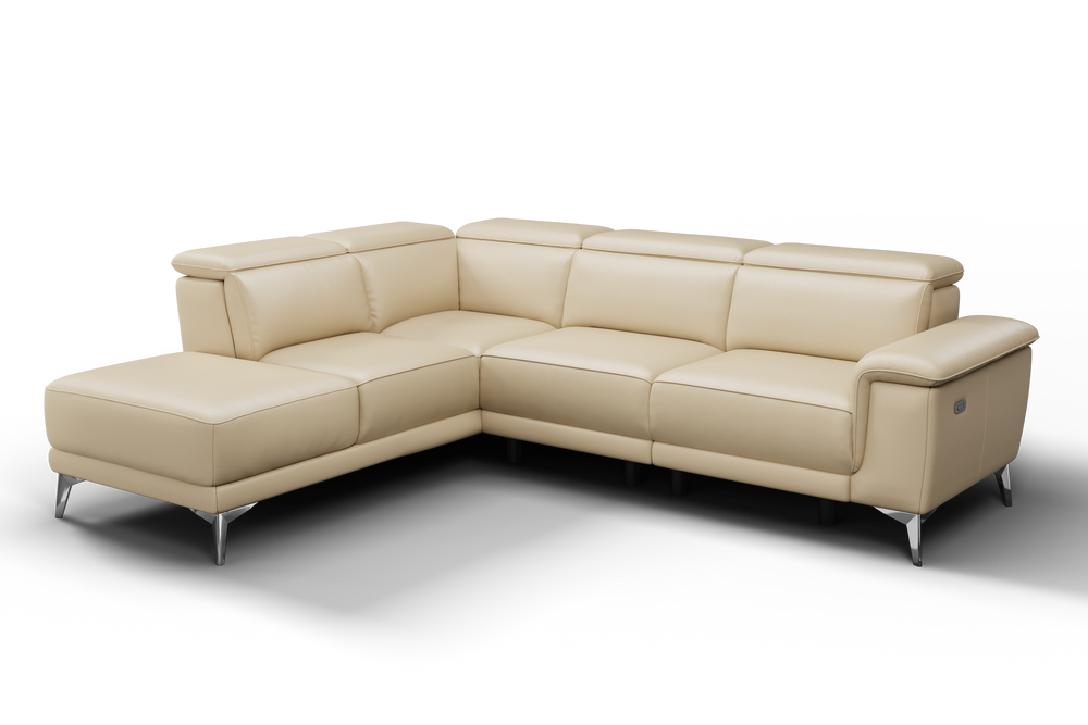 Valencia Pista Modern Top Grain Leather Reclining Sectional Sofa with Left-Hand Facing Chaise, Beige Front View