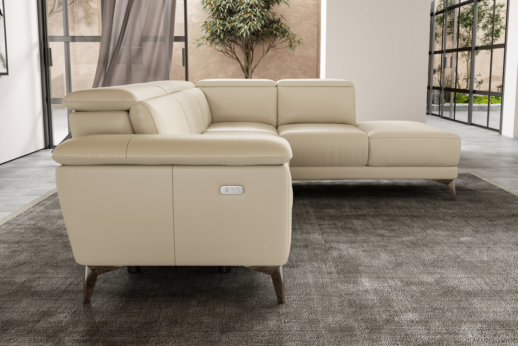 Valencia Pista Modern Top Grain Leather Reclining Sectional Sofa with Right-Hand Facing Chaise, Beige Left side diagram Scene diagram