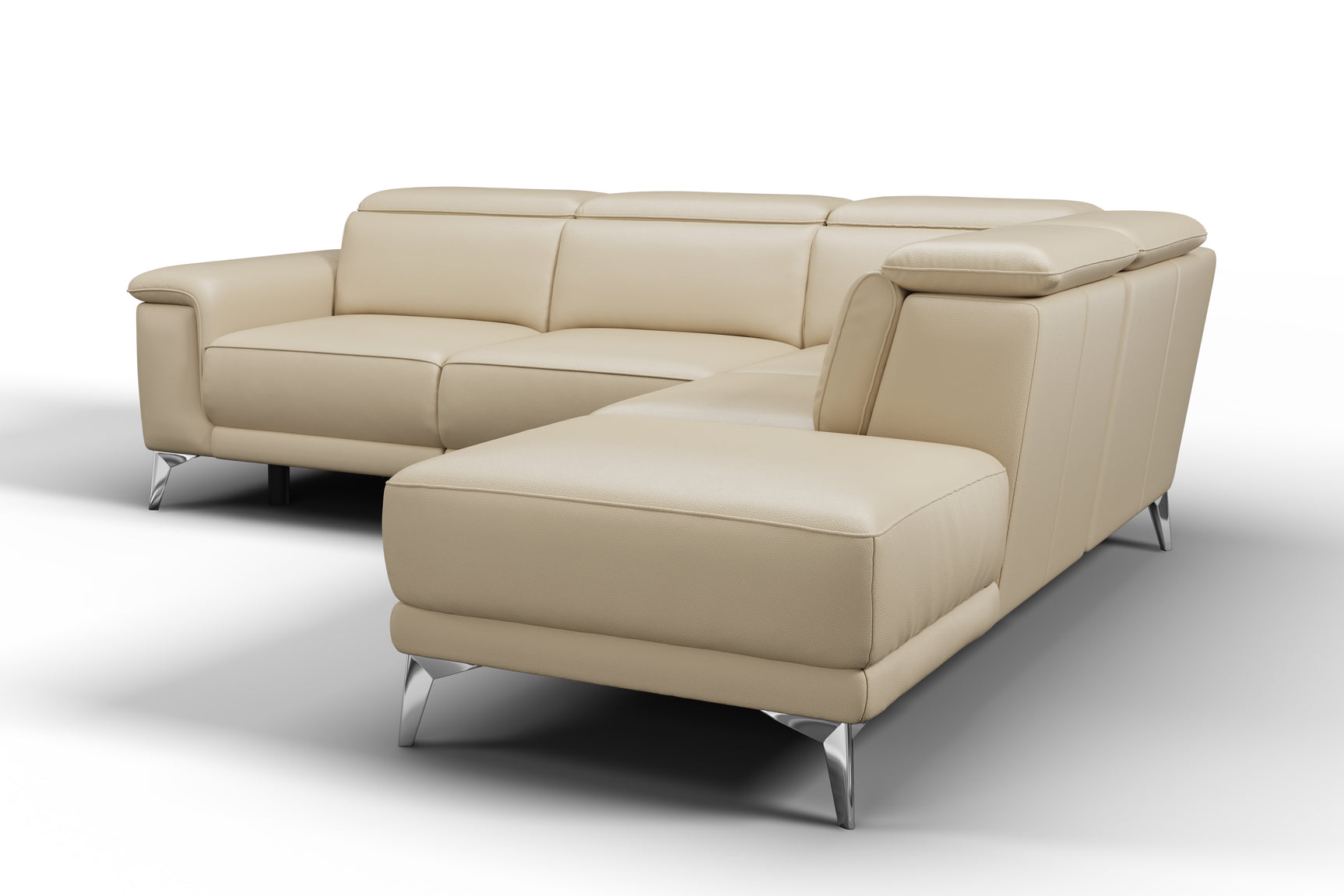 Valencia Pista Modern Top Grain Leather Reclining Sectional Sofa with Right-Hand Facing Chaise, Beige White background picture
