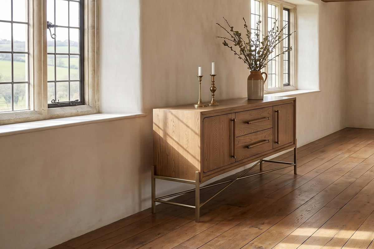 Pizzoni 72-Inch 2-Door 2-Drawer Elm Veneer Sideboard with Metal Base in an English country dining room