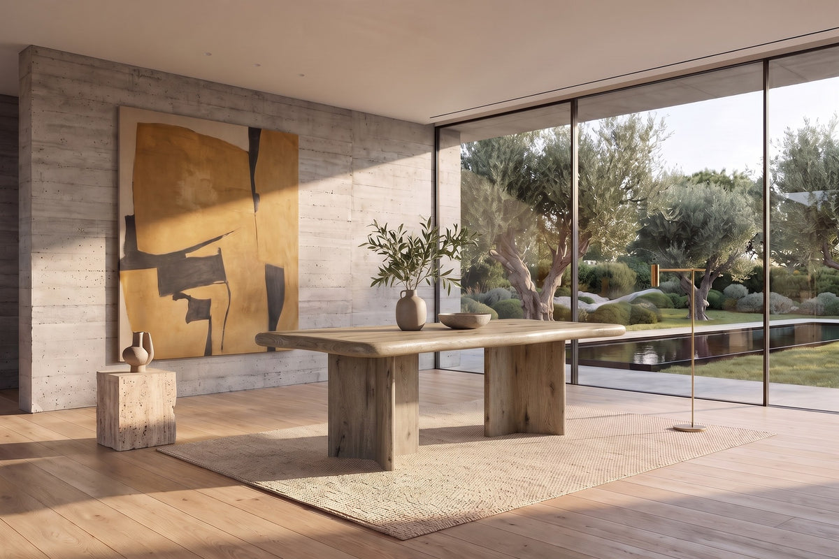 Plataci 84-Inch Organic-Edge Knotty Oak Veneer Dining Table in a sunlit villa dining room