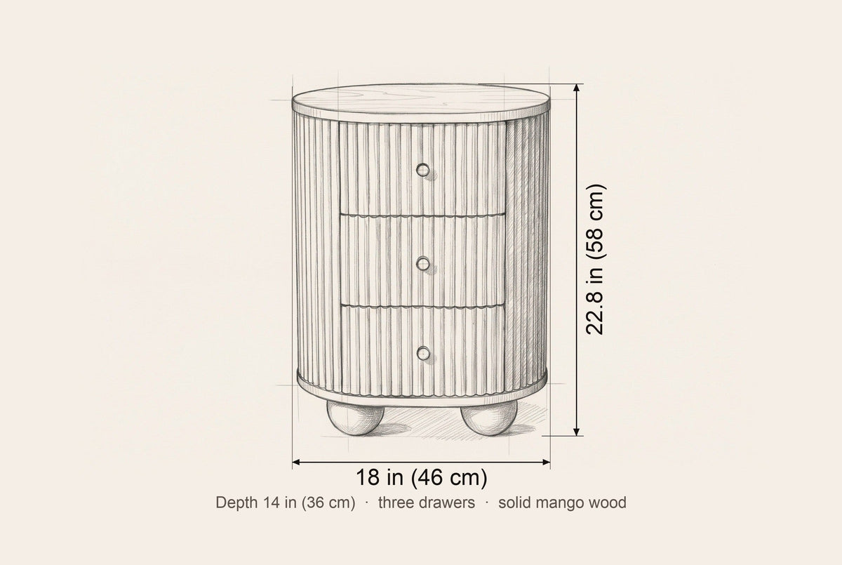 Ploaghe nightstand dimensions: 18 in wide, 22.8 in high, 14 in deep