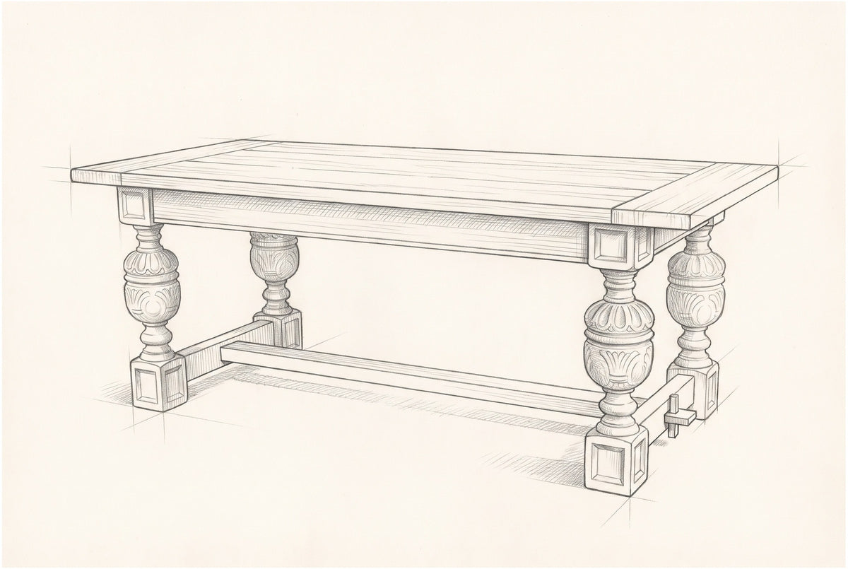 Pencil sketch of the Policoro dining table, drawn from the same three-quarter view