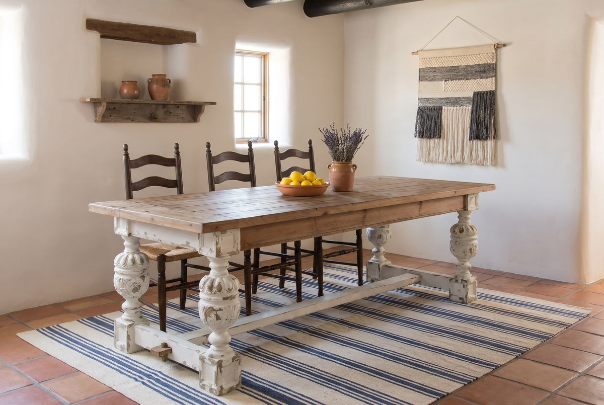Policoro dining table against a warm-white lime plaster wall in a Santa Fe dining room with a terracotta tile floor and a striped cotton rug