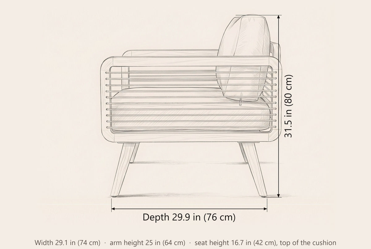 Polizzi lounge armchair dimensions: 29.9 in deep, 31.5 in high, 29.1 in wide, arm height 25 in, seat height 16.7 in