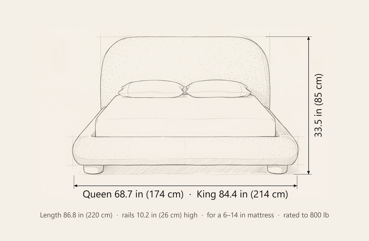 Pollutri bed dimensions: Queen 68.7 in wide, King 84.4 in wide, 86.8 in long, 33.5 in high, rails 10.2 in high