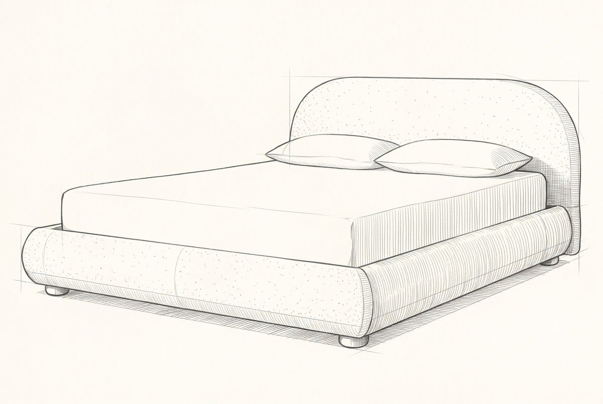 Pencil sketch of the Pollutri bed with a mattress and two pillows, drawn from the same three-quarter view