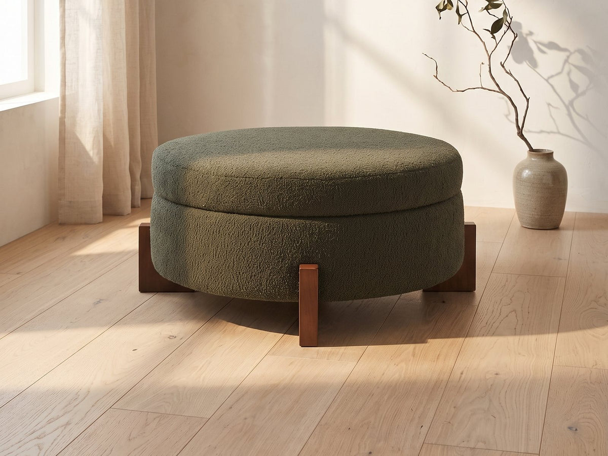 Portofino Round Storage Ottoman in a bright interior