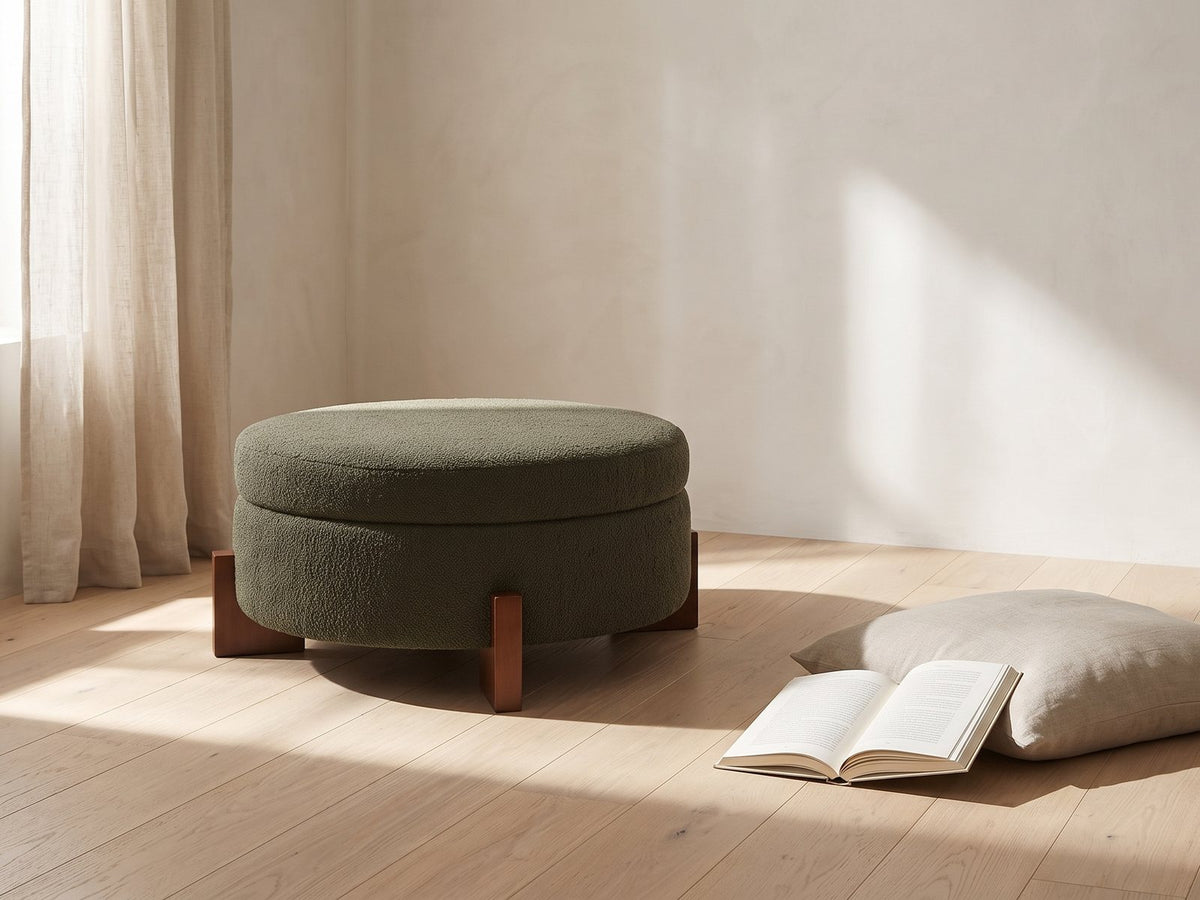 The Portofino storage ottoman styled in a room setting