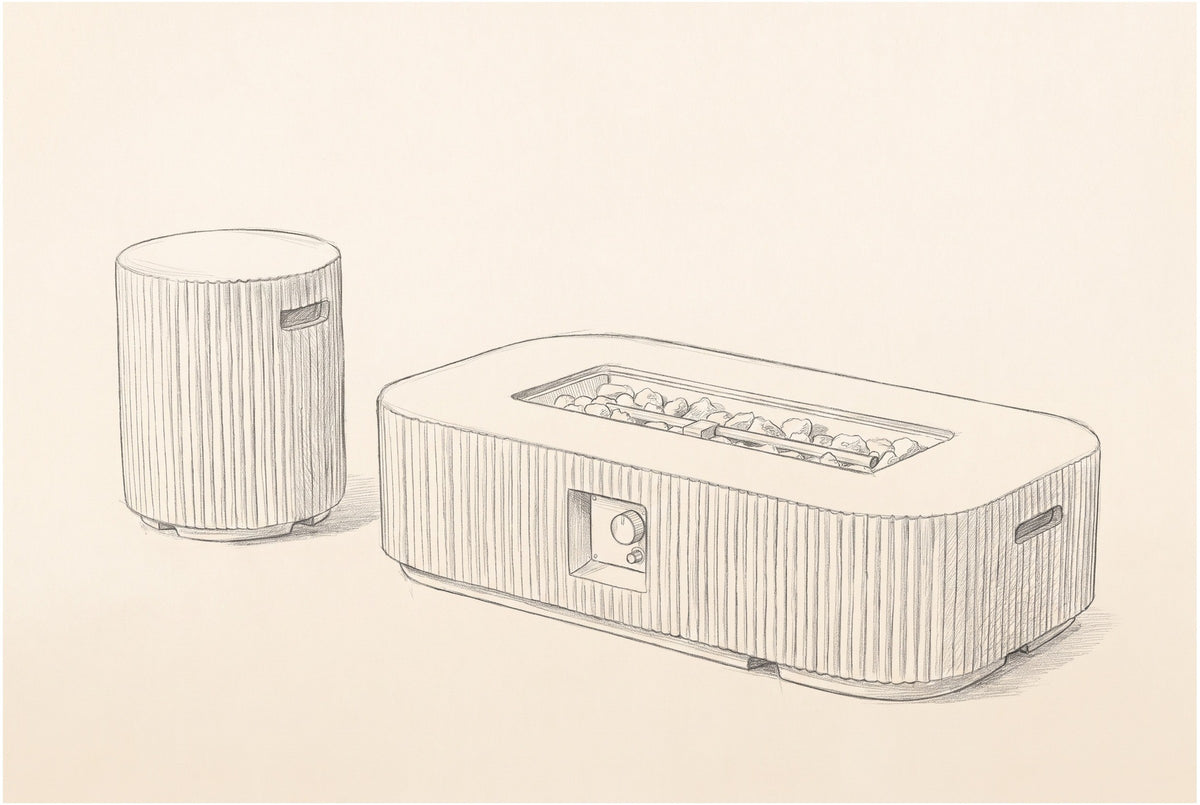 Pencil sketch of the Portopalo fire pit and round piece, three-quarter view