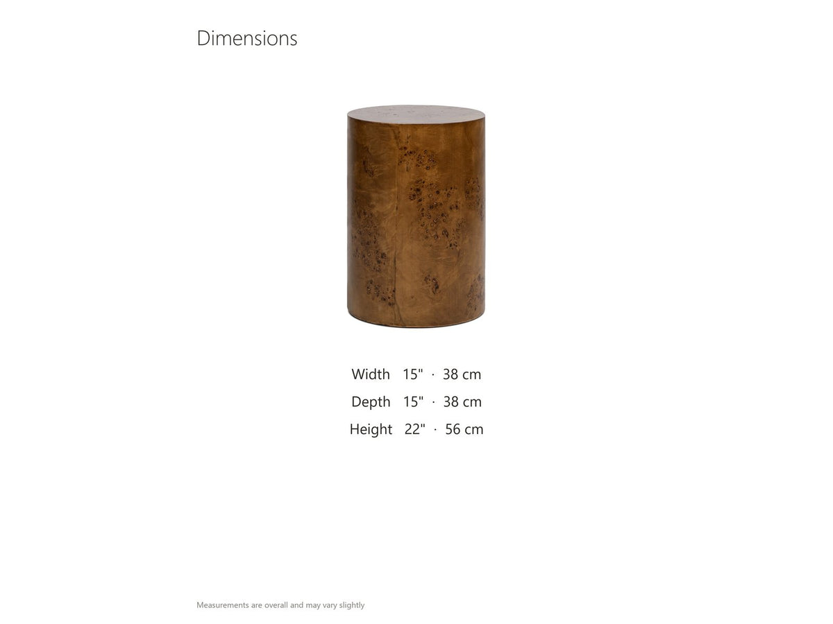 Potenza Walnut Burl Pillar Side Table dimensions: 15.0 in wide, 15.0 in deep, 22.0 in high