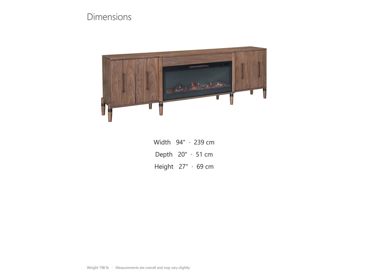 Praiano Walnut Fireplace Media Console dimensions: 94.0 in wide, 20.0 in deep, 27.0 in high