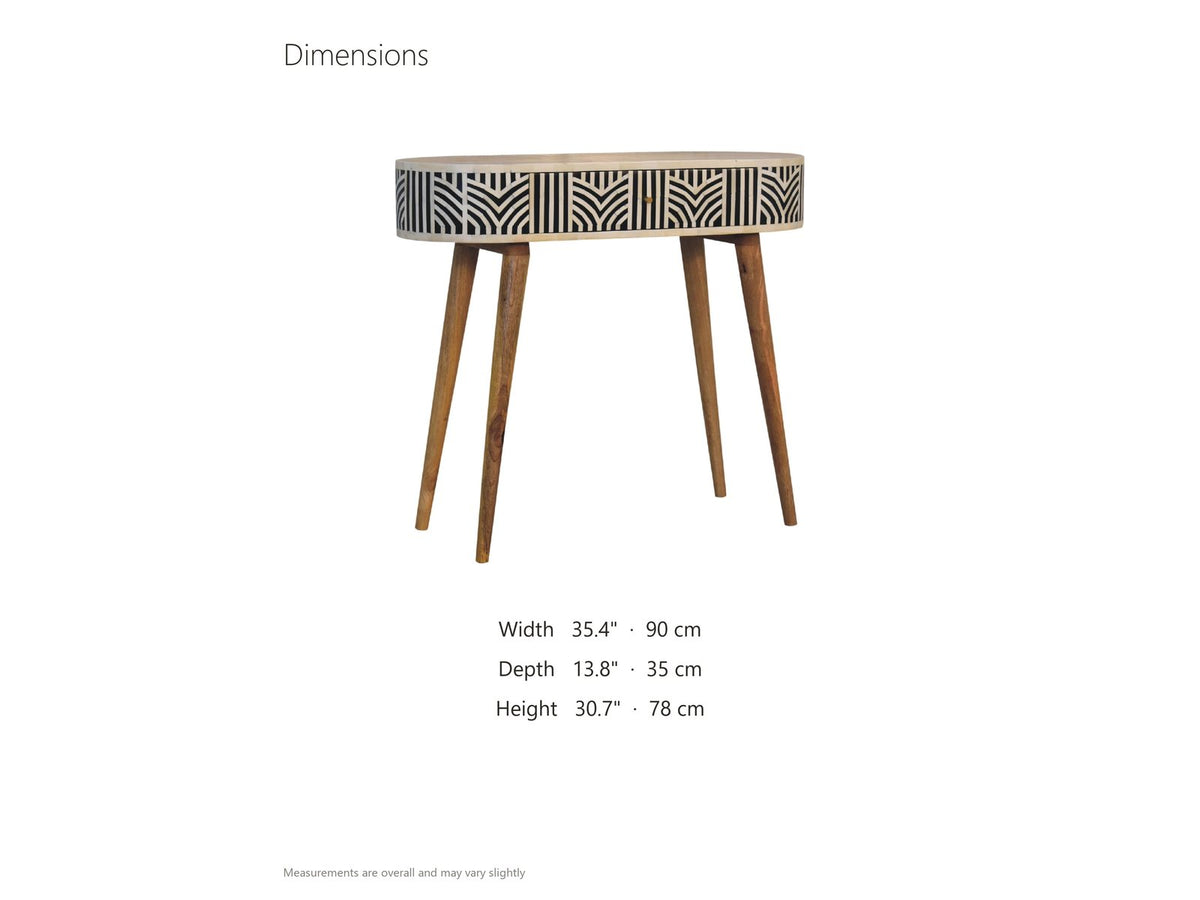 Pulsano Bone Inlay Oval Console Table dimensions: 35.4 in wide, 13.8 in deep, 30.7 in high