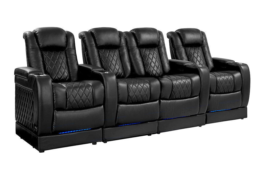 Valencia Tuscany Leather Home Theater Seating with Risers Row of 4 Loveseat Center, Midnight Black