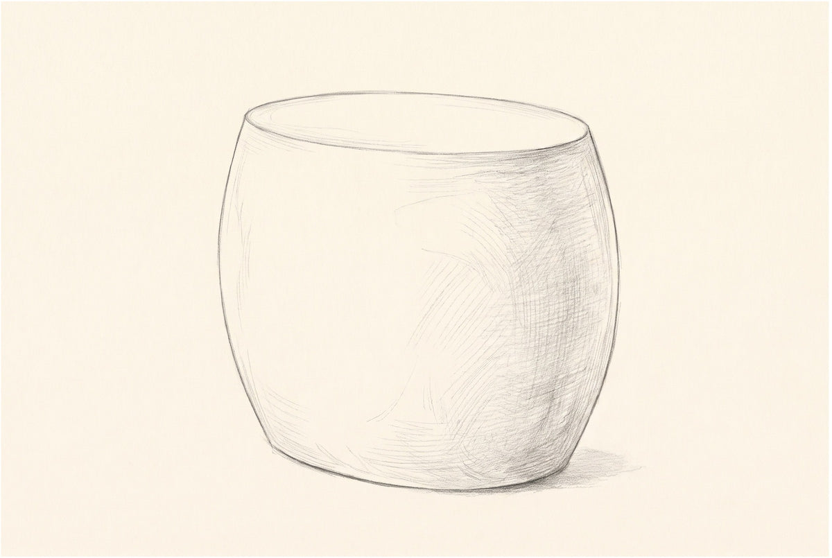 Pencil sketch of the Racalmuto oval barrel side table, three-quarter view