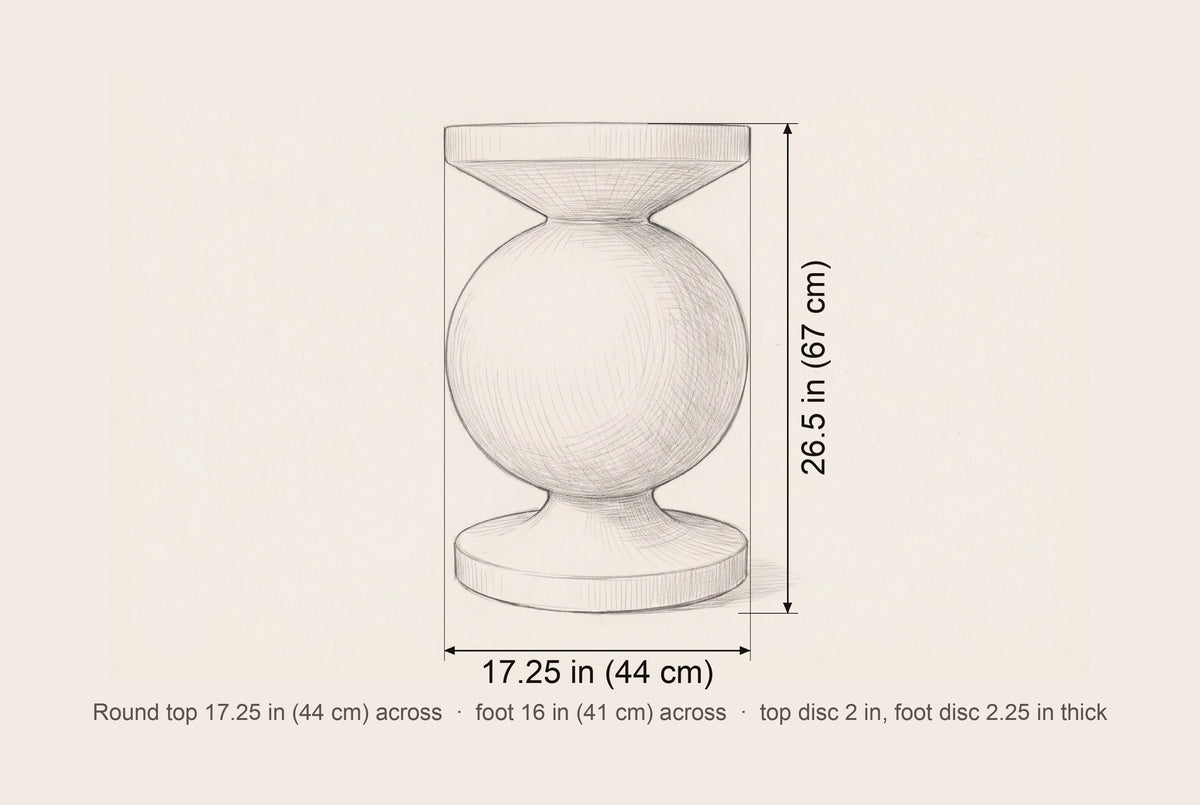 Raffadali side table dimensions: 17.25 in across the top, 26.5 in high, foot 16 in across