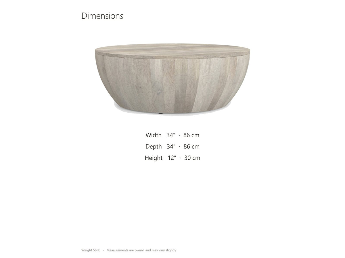Rapallo Whitewashed Mango Bowl Coffee Table dimensions: 34.0 in wide, 34.0 in deep, 12.0 in high