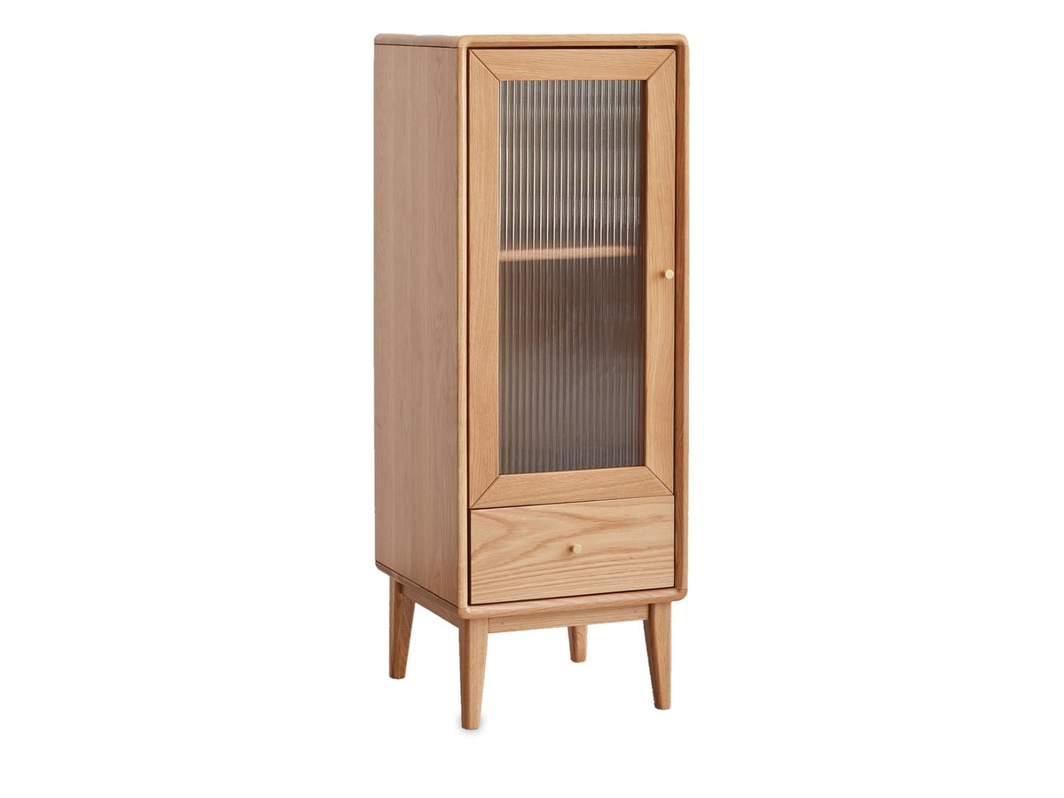 Recco Solid Oak Reeded Glass Storage Cabinet photographed on white from a front corner