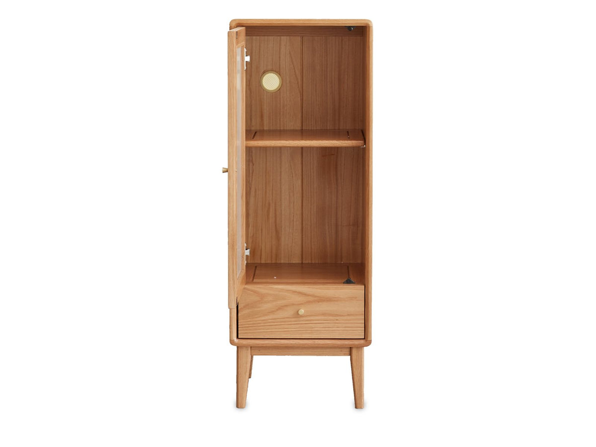 Recco Solid Oak Reeded Glass Storage Cabinet photographed on white with the door open, showing the shelf and the drawer