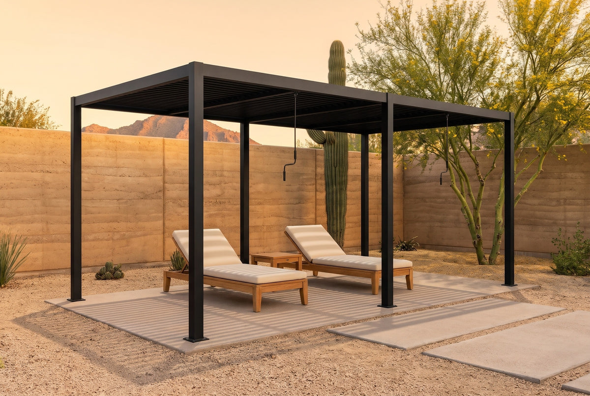 Regalbuto black louvered pergola over two teak chaise lounges on a concrete pad in a Paradise Valley courtyard at golden hour, a rammed-earth wall, a saguaro and Camelback Mountain behind (furniture not included)