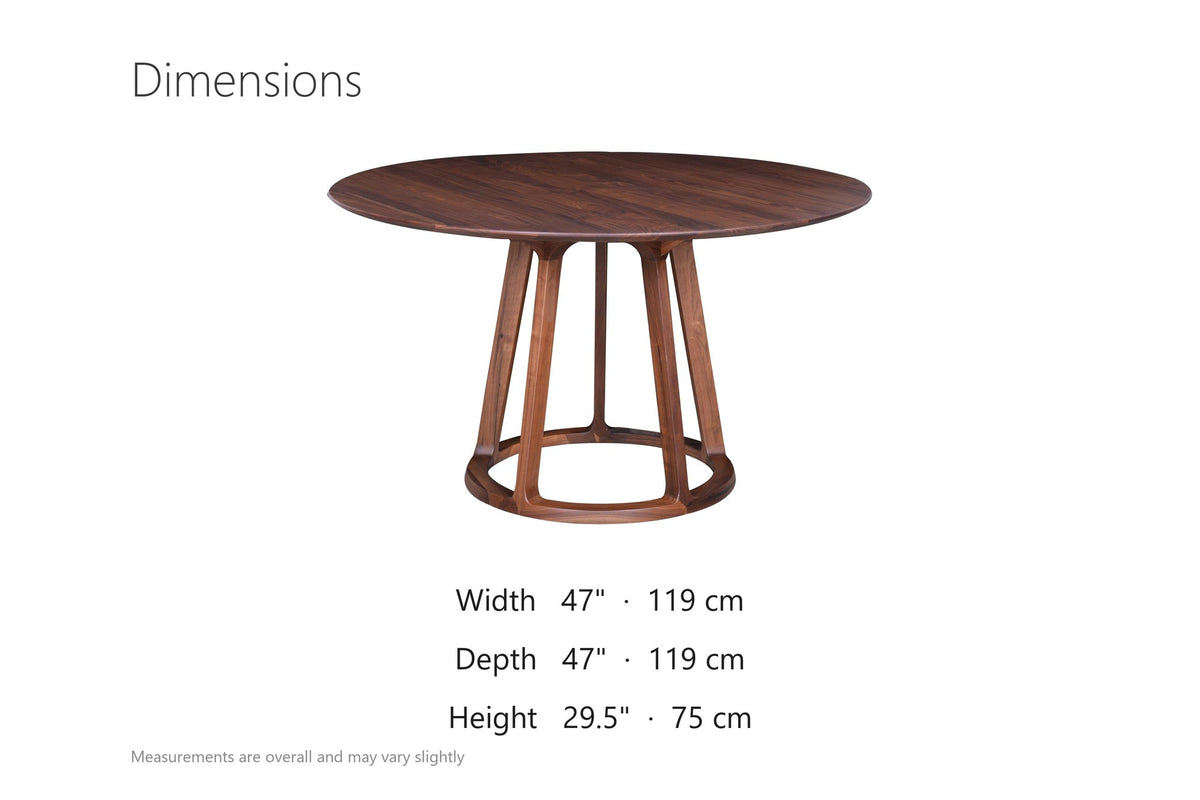 Riace 47-Inch Round Solid American Walnut Dining Table dimensions