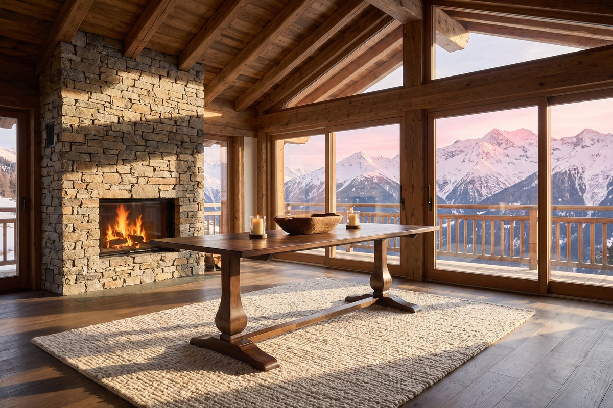 Ricadi 72-Inch Rectangular Reclaimed Pine Trestle Dining Table in an alpine chalet