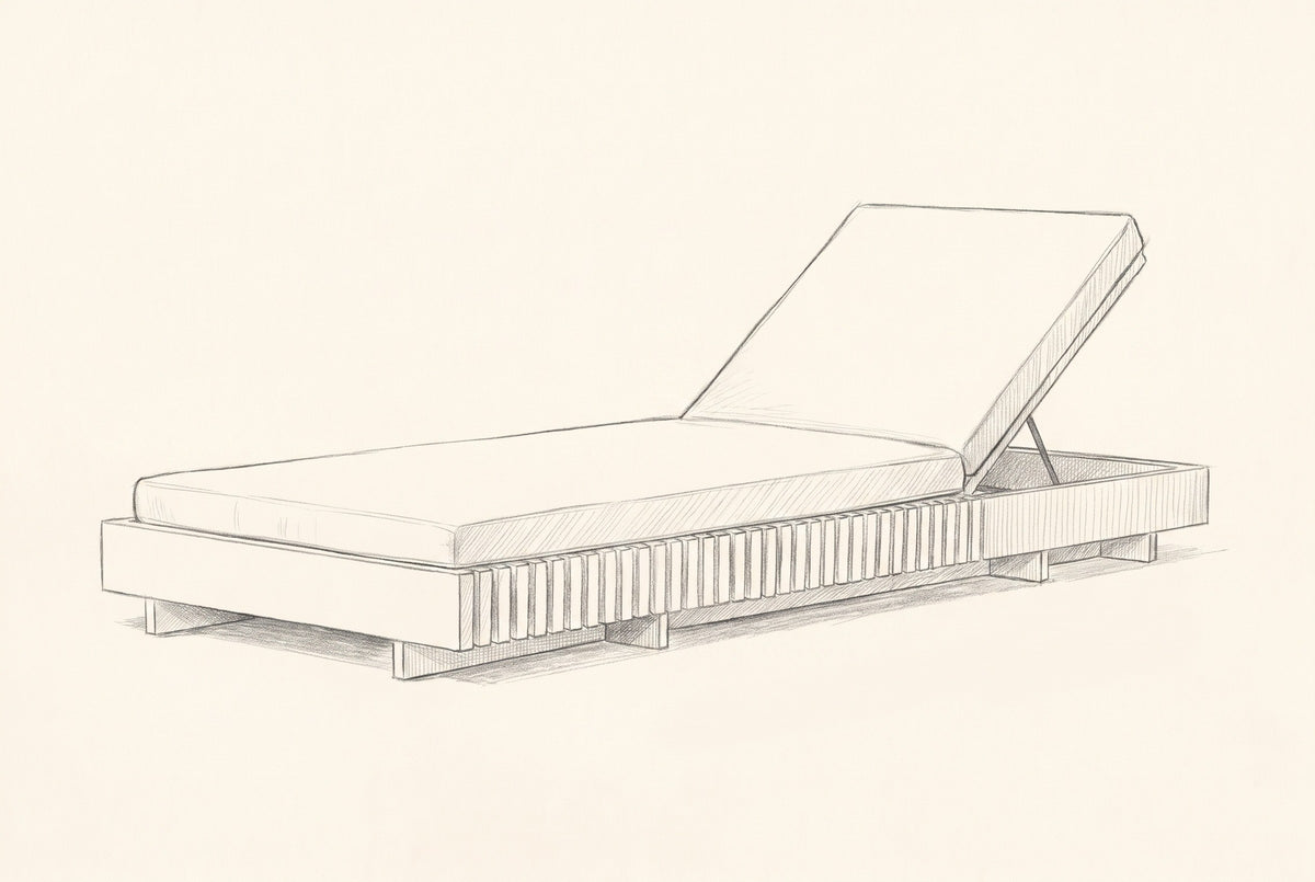 Pencil sketch of the Riesi chaise lounge, three-quarter view from the foot end