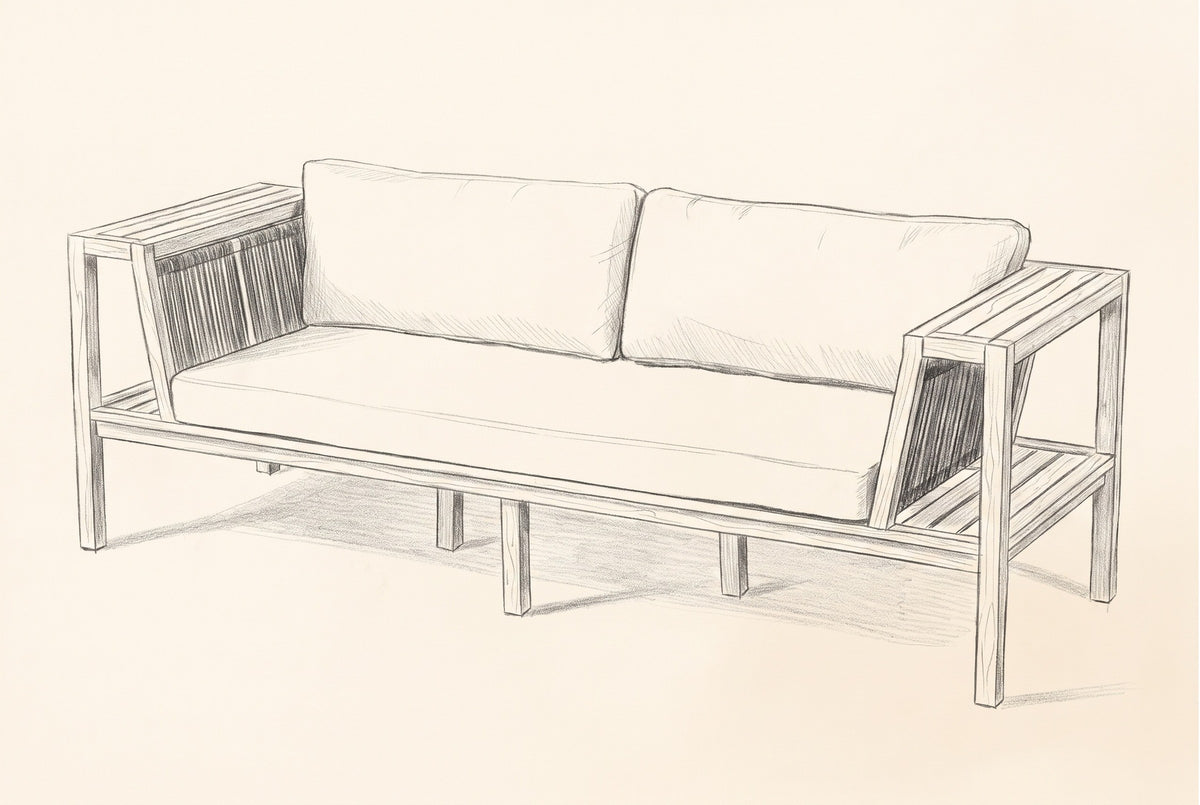 Pencil sketch of the Riposto daybed sofa, three-quarter view