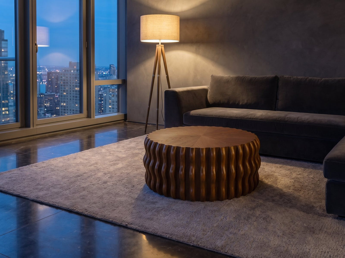 Rivoli 30-Inch Round Carved Wood Drum Coffee Table on a wool rug in front of a velvet sofa in a city penthouse at blue hour