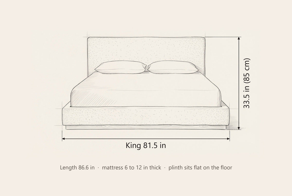Roccascalegna bed dimensions, King: 81.5 in wide, 33.5 in high overall, 86.6 in long