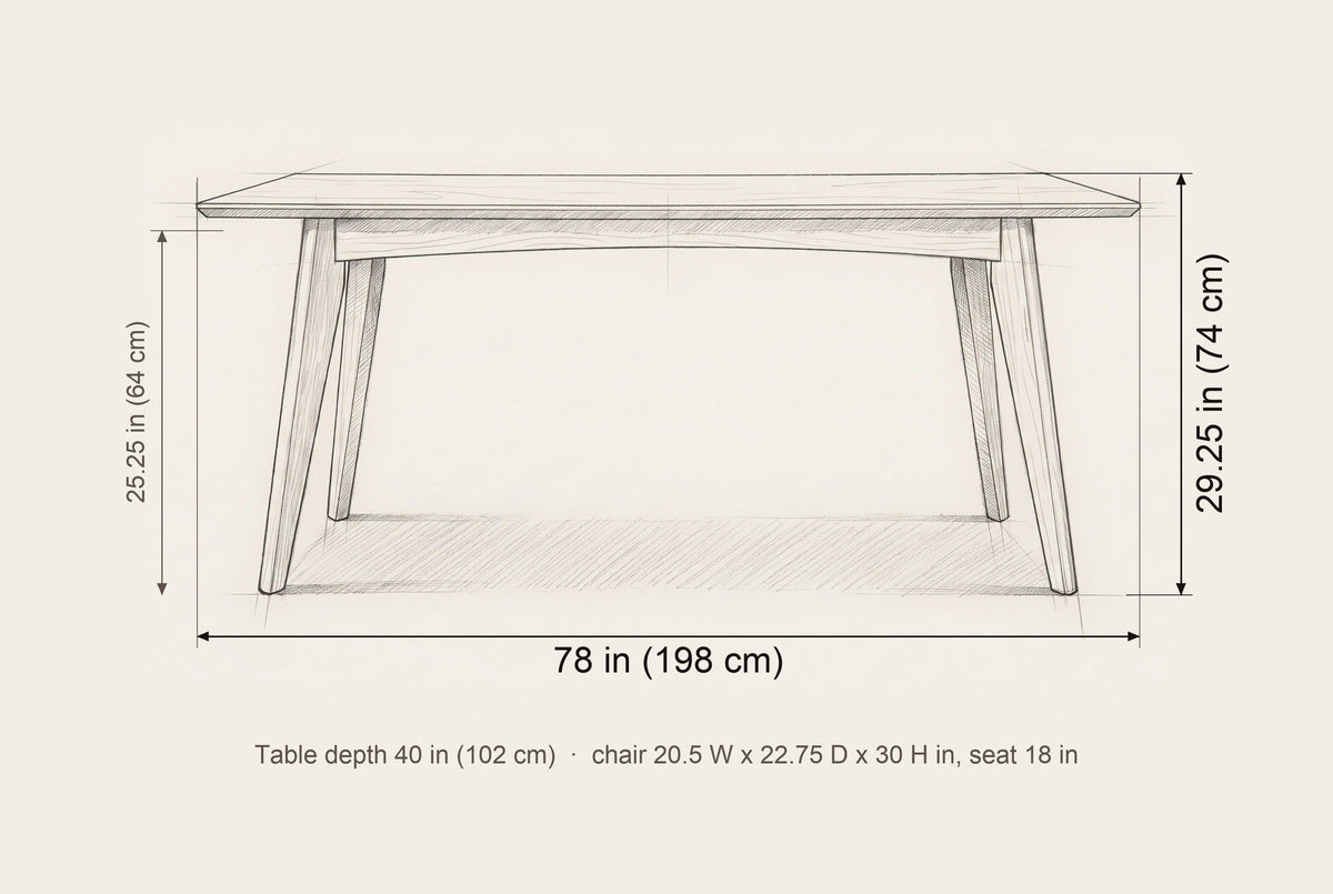 Rossano table dimensions: 78 in long, 29.25 in high, 40 in deep, 25.25 in under the top; chair 20.5 in wide, 22.75 in deep, 30 in high