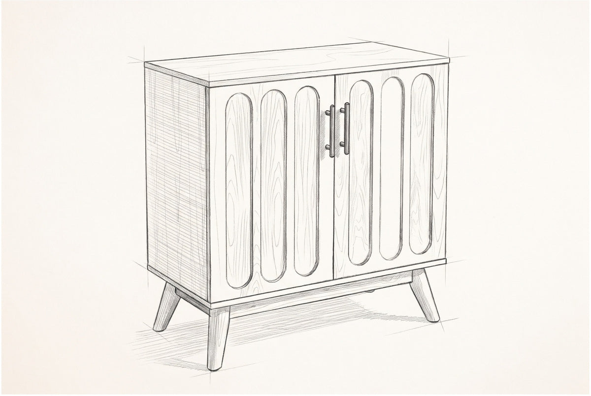 Pencil sketch of the Ruvo accent cabinet, drawn from the same three-quarter view