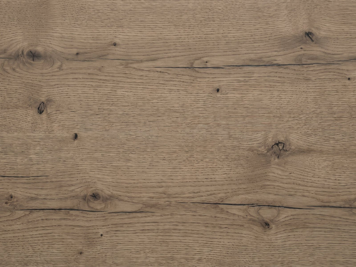 Close-up of the Sacile 70-Inch Weathered Natural Oak 6-Drawer Dresser: the weathered knotty oak grain of a drawer front, with knots and checks