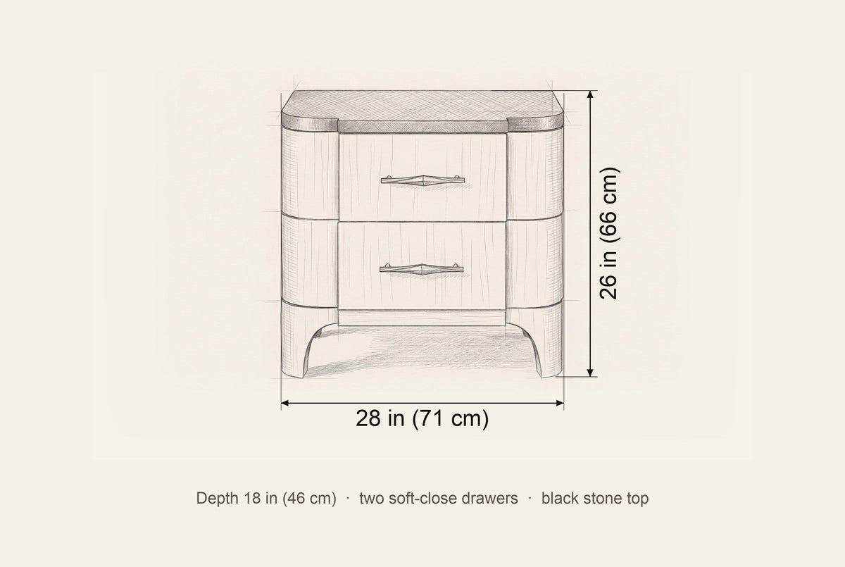 Samassi nightstand dimensions: 28 in wide, 26 in high, 18 in deep