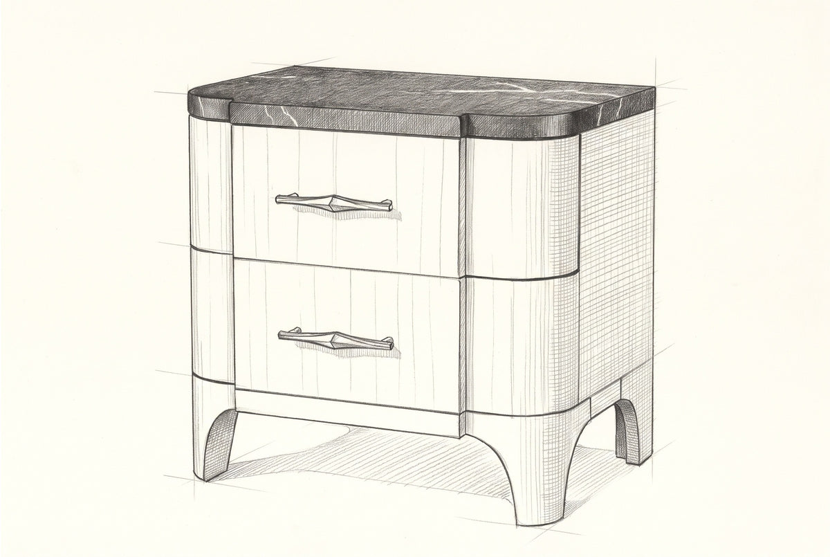 Pencil sketch of the Samassi nightstand, drawn from the same three-quarter view