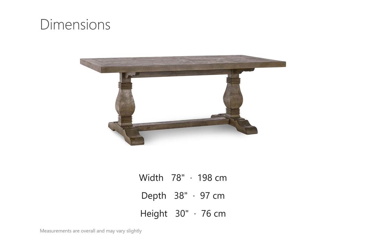 Sangineto 78-Inch Rectangular Reclaimed Pine Trestle Dining Table dimensions