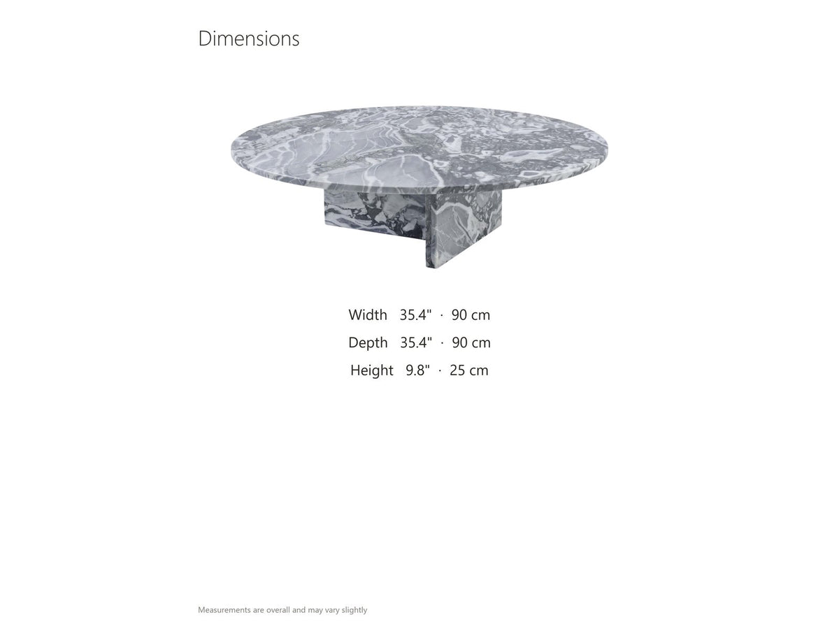 Saturnia Blue-Grey Marble Coffee Table dimensions: 35.4 in wide, 35.4 in deep, 9.8 in high