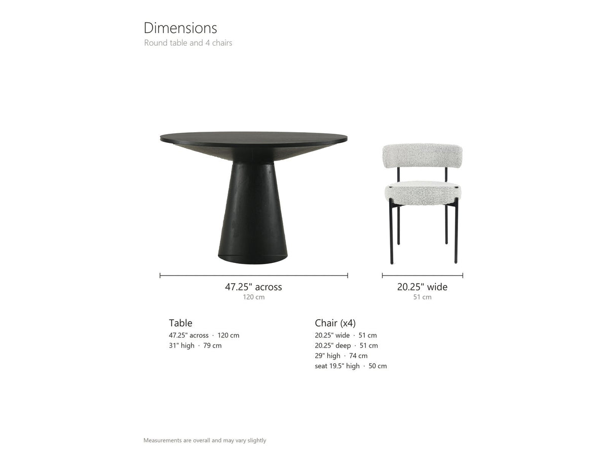 Savelli 47-Inch Round Black Oak Pedestal Dining Set with 4 Boucle Chairs dimensions: table 47.25 in across and 31 in high, pedestal 10 to 18 in across and 25 in high, top 1.1 in thick; each chair 20.25 in wide, 20.25 in deep and 29 in high, seat 19.5 in high