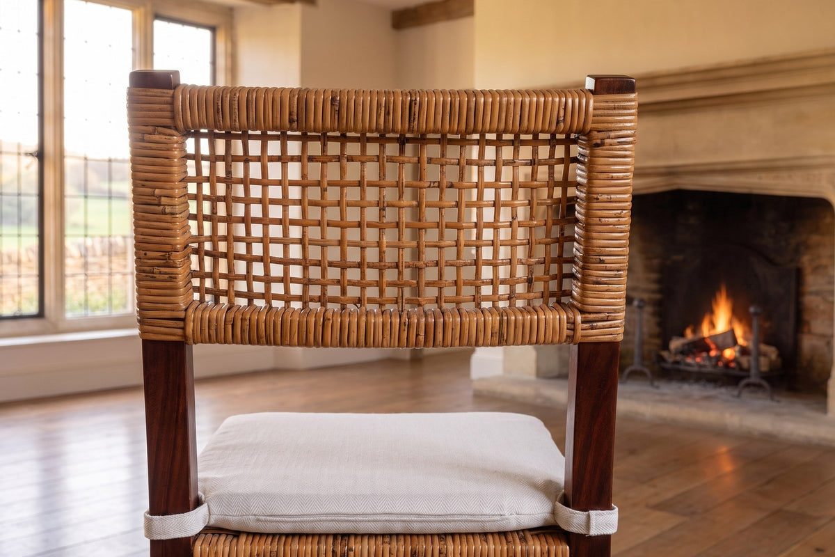 Close-up of the Scalea Rattan and Mahogany Dining Chair: weave