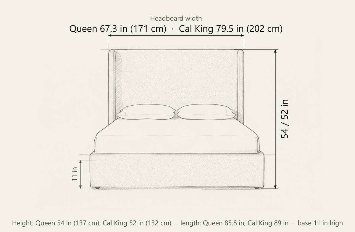 Scanno bed dimensions: headboard width 67.3 in Queen and 79.5 in California King, headboard height 54 in Queen and 52 in California King, length 85.8 in and 89 in, base 11 in high