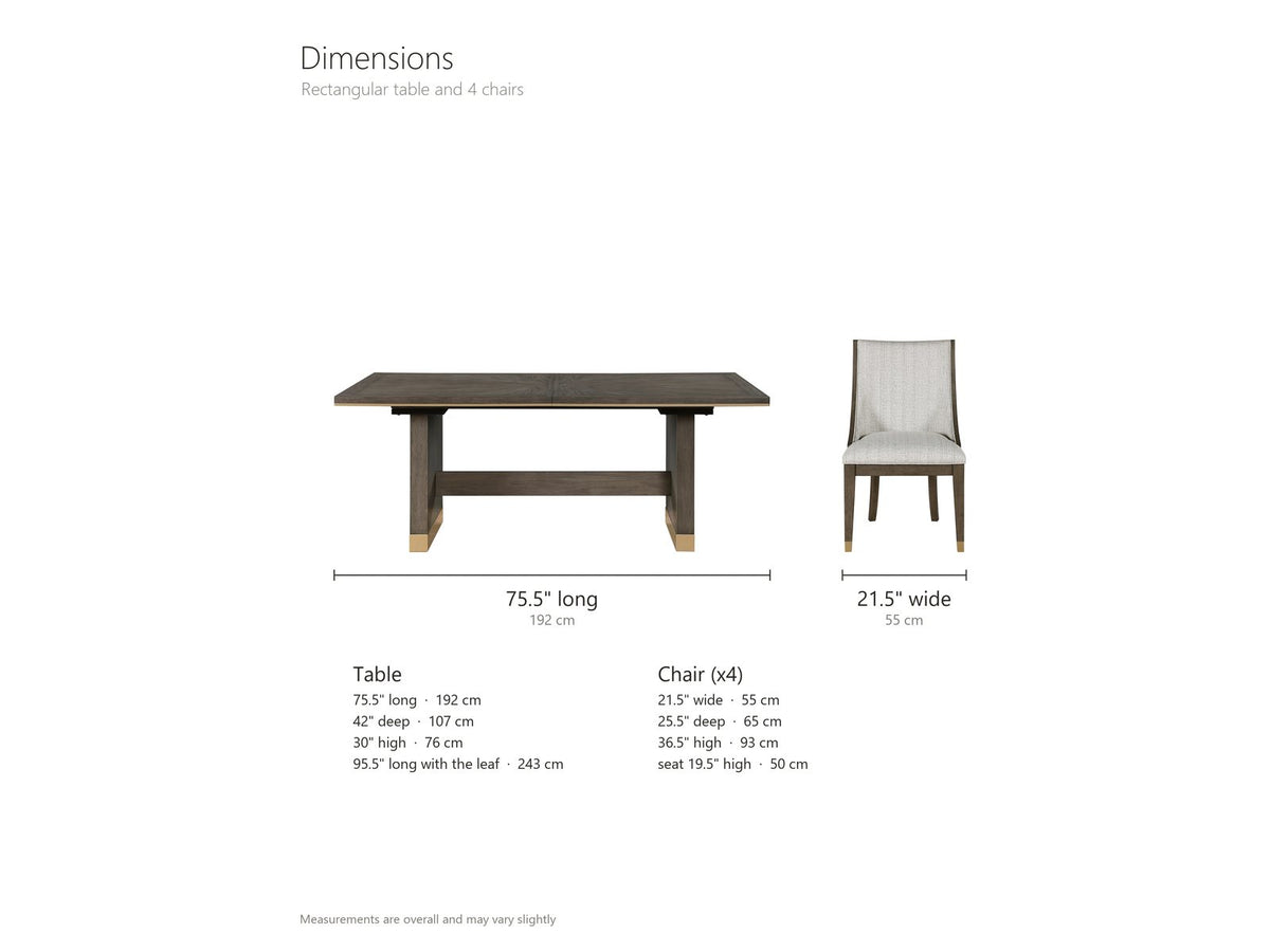 Scilla 75.5 to 95.5-Inch Sunburst Oak Extending Dining Set with 4 Armchairs dimensions: table 75.5 in long closed and 95.5 in long with the 20-in leaf, 42 in deep and 30 in high, 28.5 in clearance under the top; each armchair 21.5 in wide, 25.5 in deep and 36.5 in high, seat 19.5 in high