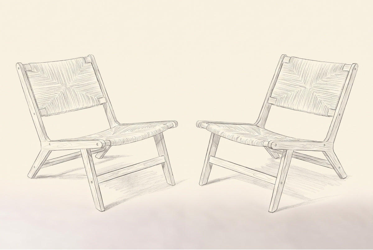 Pencil sketch of the two Scopello lounge chairs, three-quarter view from the front