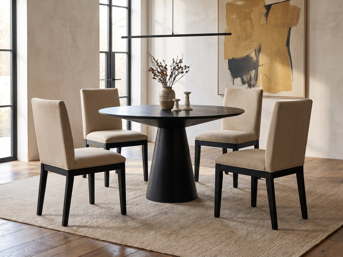Sellia 59-Inch Round Ebony Cone Pedestal Dining Set with 4 Chairs in an industrial loft dining area