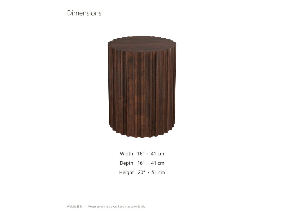 Senise Walnut Mango Fluted Drum Side Table dimensions: 16.0 in wide, 16.0 in deep, 20.0 in high