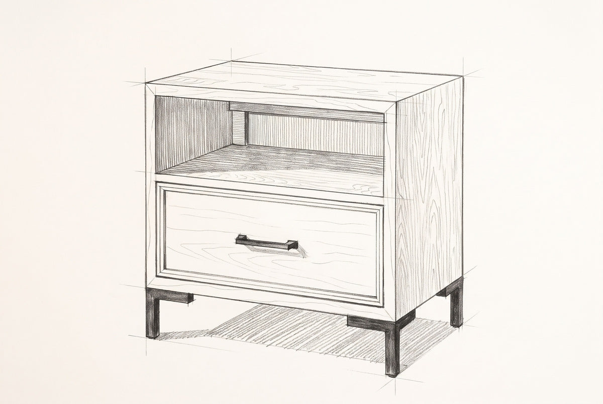 Pencil sketch of the Sennori nightstand, drawn from the same three-quarter view