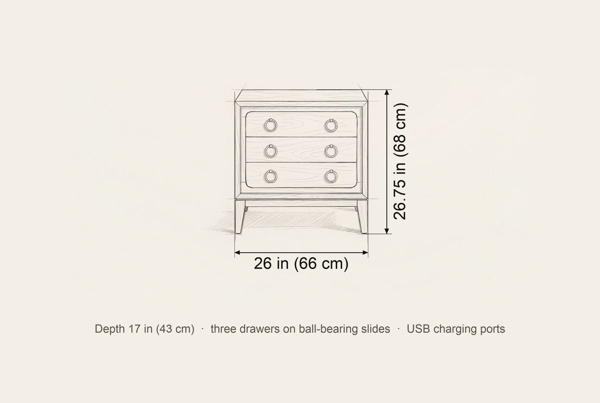 Serramanna nightstand dimensions: 26 in wide, 26.75 in high, 17 in deep