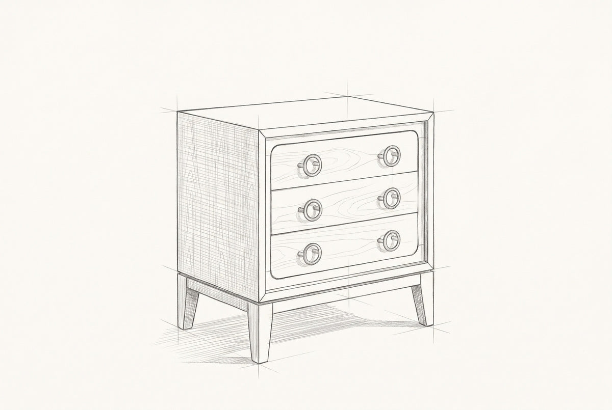 Pencil sketch of the Serramanna nightstand, drawn from the same three-quarter view