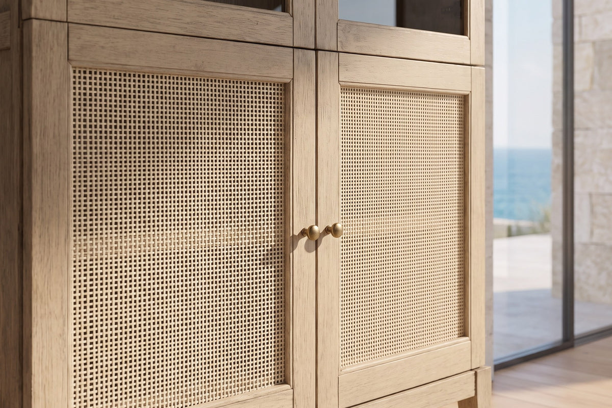 Close-up of the Serrastretta 42-Inch 4-Door Arched Oak Veneer Display Cabinet with Glass and Cane: cane